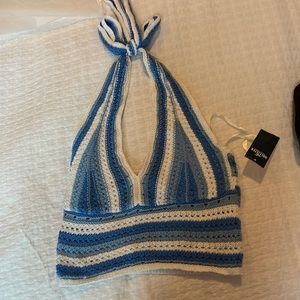 XS Blue/white Hollister crotchet crop halter tank